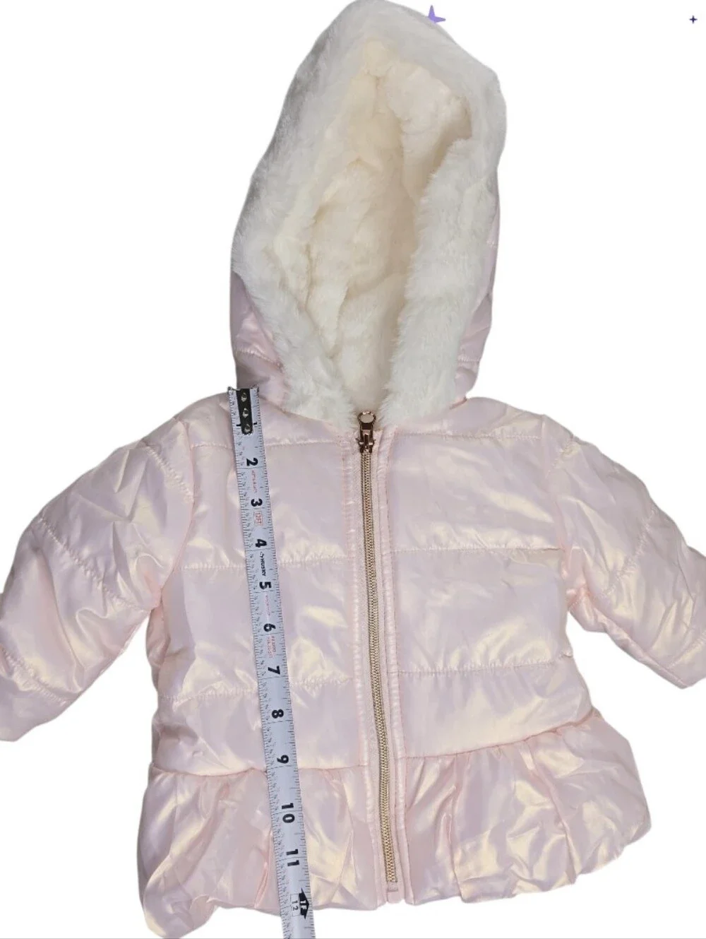 First Impressions Baby Girls Pink Iridescent Puffer Jacket Faux Fur Hood 3-6 M